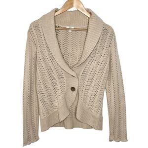 J Jill Pointelle Knit Cardigan Tan Womens XS Cottagecore Ruffled Dainty